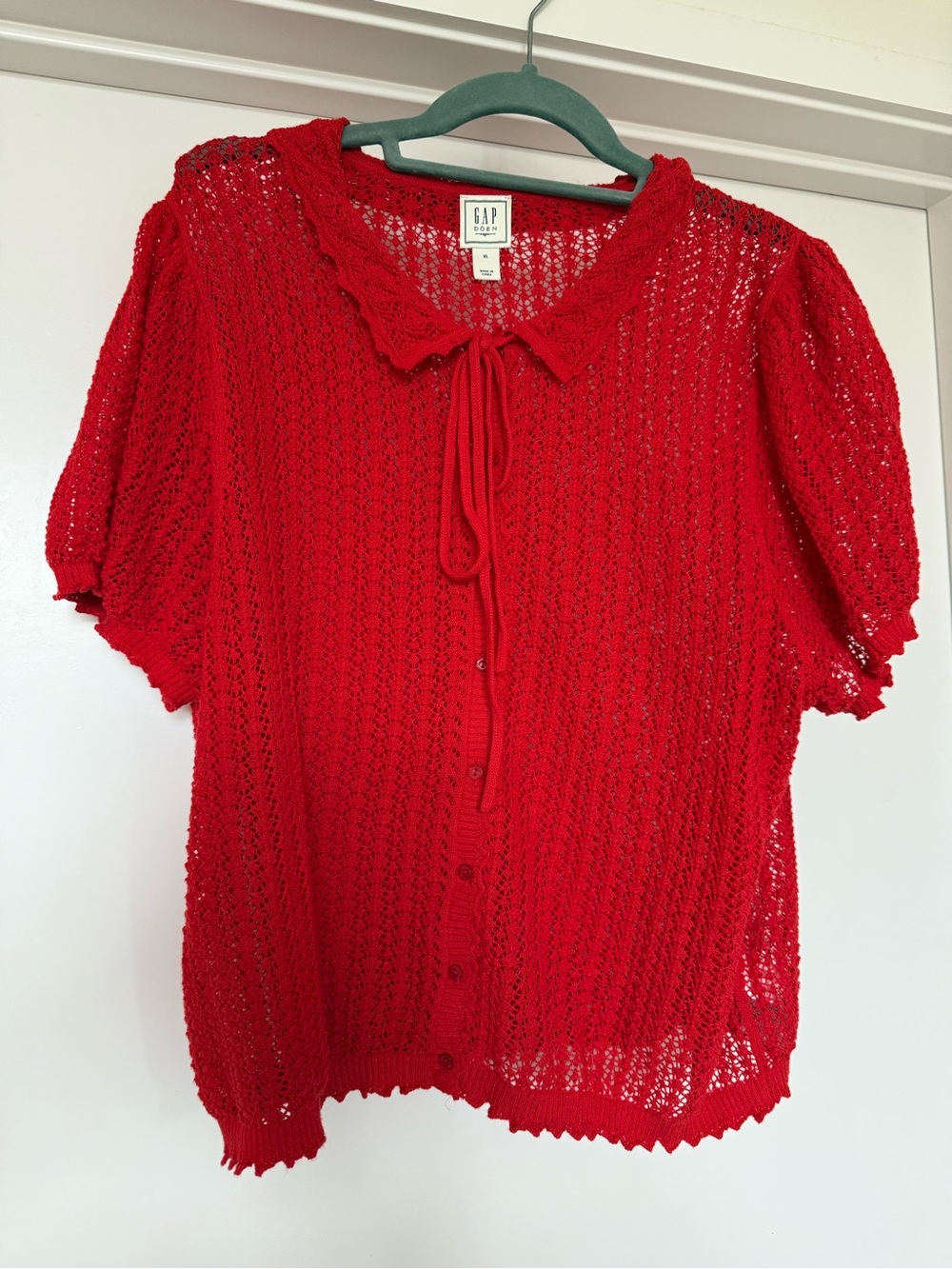 GAP x DOEN Open-Knit Tie-Neck Short Sleeve Blouse in Red - Picture 3 of 7